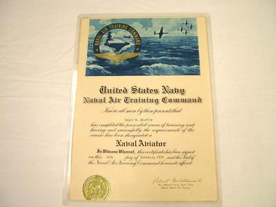 Scanned, Certificate, U.S. Navy Naval Air Training Command, Roger B. Chaffee Archive Collection #6