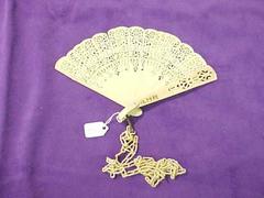 Fan, Small Ivory With Pierced Ivory Staves And Ivory Chain