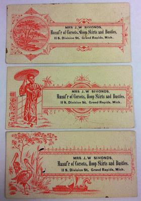 Trade Card, 'mrs. J. W. Simonds, Manufacturer Of Corsets, Hoop Skirts And Bustles