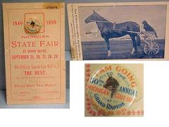 Commemorative Pin Back Button And Card, Michigan State Fair At Grand Rapids, Sept. 25-29, 1899, The Fiftieth Annual Fair, 1849-1899