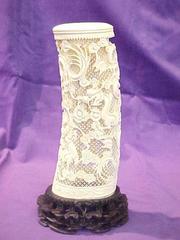 Pierced And Carved Ivory Tusk With Dragons, With Carved Stand (2  Pcs.)