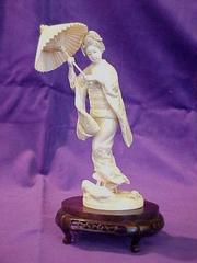 Carved Figure, Woman In Kimono With Parasol, On Carved Stand (2  Pcs.)