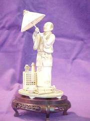 Carved Figure, Man Opening Parasol, With Carved Stand (2 Pcs.)
