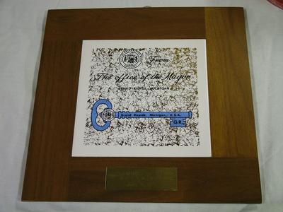 Plaque, 'from The Office Of The Mayor, Grand Rapids, Michigan'