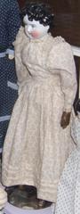 Glazed China Head Doll With Tan Cotton Print Dress