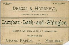 Trade Card, Dregge And Hodenpyl, Wholesale And Retail Dealers In Lumber, Lath And Shingles