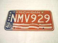 License Plate, State Of Michigan, 1976, Plate Number, Nmv 929, Bi-centennial