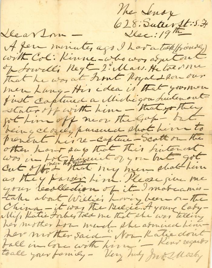 Letter, John Mosby to Sam Chapman