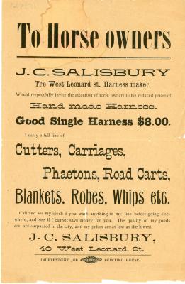 Handbill, Advertisement, 'To Horse Owners, J.C. Salisbury'