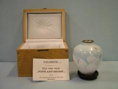 Blue Vase, White Crane Design In Original Box With Store Business Card, Sasamoto, And Small Wood Base