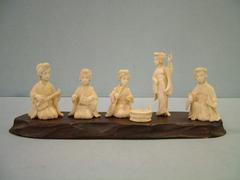Ivory Figures, 3 Female Musicians And 2 Female Dancers On Wood Stand, Japanese