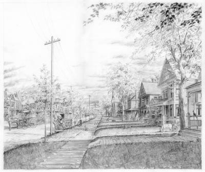 Drawing, Streets of Old Grand Rapids, The Neighborhood