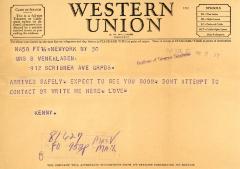 Telegram, Kenneth Veneklasen to Mrs. B. Veneklasen