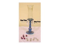 Candleholder, Blue Glass With 5 Clear And 5 Ruby Prisms And Clear Globe