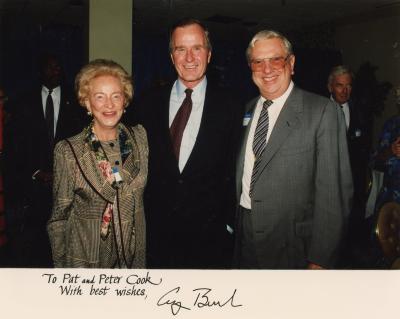 Photograph, Peter and Pat Cook with George H. W. Bush 