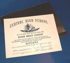 High School Diploma From Central High School 1953, Original In Bi-fold Case Under The Repro. Diploma Which Is Prominently Pictured, Roger B. Chaffee Archive Collection #6