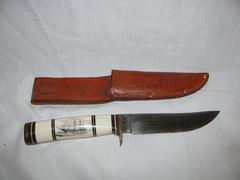 Schrade 498 hunting Knife with Scrimshaw Sailing ship scene