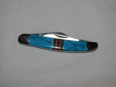 Three bladed Torqoise inlaid folding pocket knife.