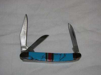 Three bladed Turquoise Inlaid Folding Pocket Knife