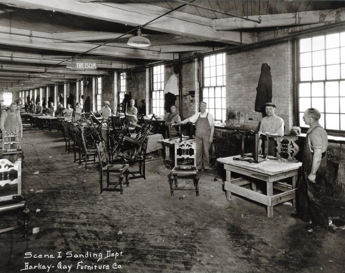 Photograph, Berkey and Gay Furniture Company, Men and Women Sanding and Staining Furniture