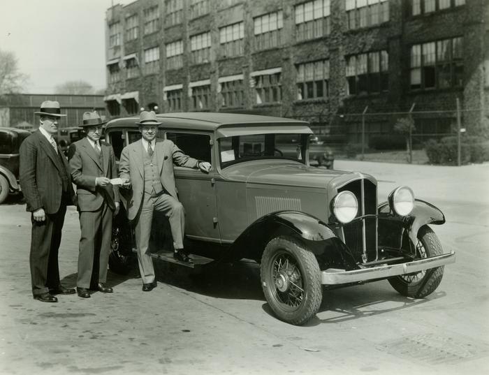 Photograph, Three Men Pose With 1931 De Vaux Sport Sedan