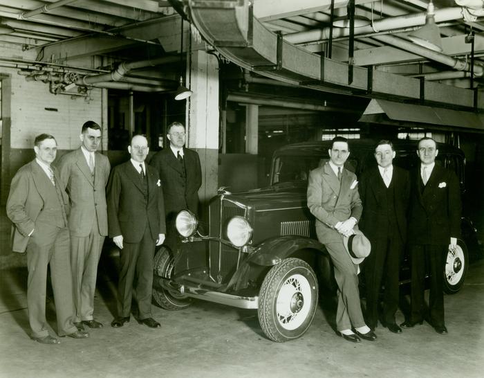 Photograph, Seven Men Pose With 1932 De Vaux Sport Sedan 