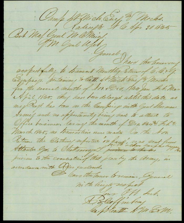 Civil War Letter to General Meigs from Captain Andrew B. Coffinberry explaining why his reports were late in being submitted