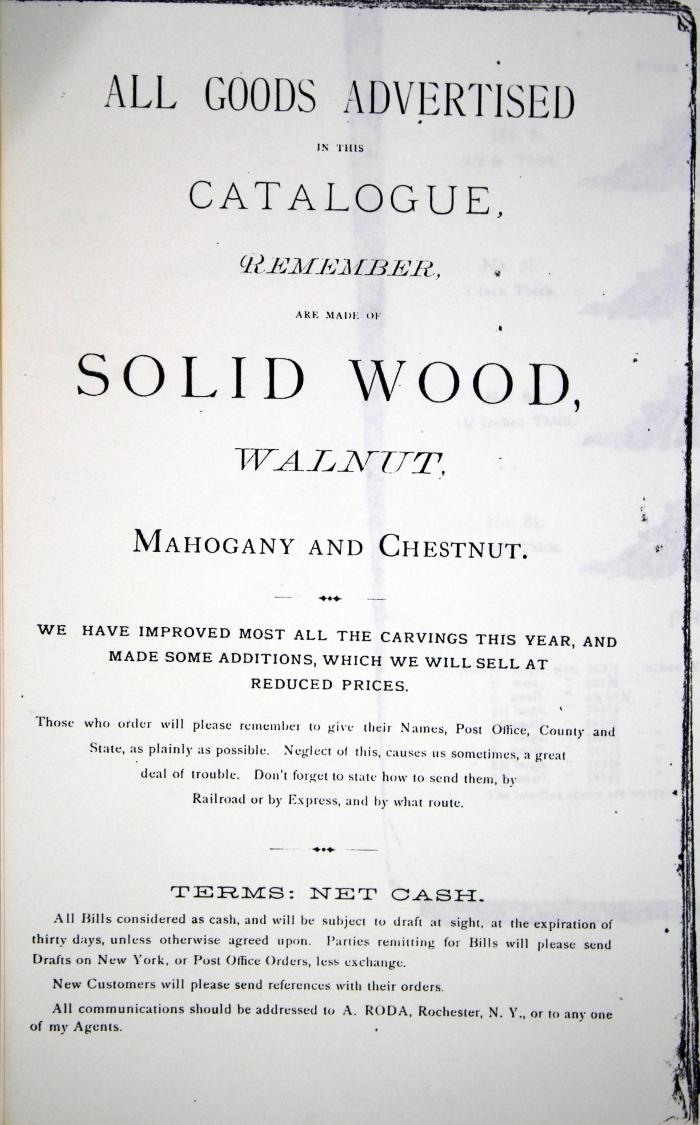 Trade Catalog (photocopy),  A. Roda's Illustrated Catalog [of] Solid Wood Furniture Carvings