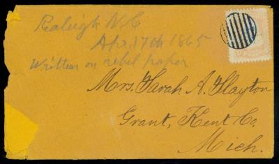 Civil War envelope addressed to Sarah Slayton of Grant Michigan from her husband Chester M. Slayton 25th Michigan Infantry 