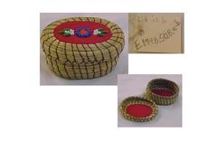 Coiled Sweet Grass Basket With Lid, Small, Red Felt Beaded Design On Lid