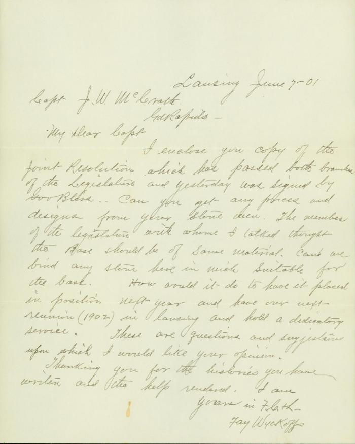 Letter to Captain J.W. McCrath from Fay Wyckoff
